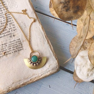 geometric necklace in brass, in art deco style, with natural hard stones set, handmade