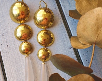 round geometric earrings in brass and semi-precious stones, handmade