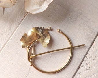 handmade brass sweater or scarf pin with ginkgo biloba leaves