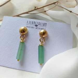 Handmade brass lobe ball earrings with cylindrical aventurine stone