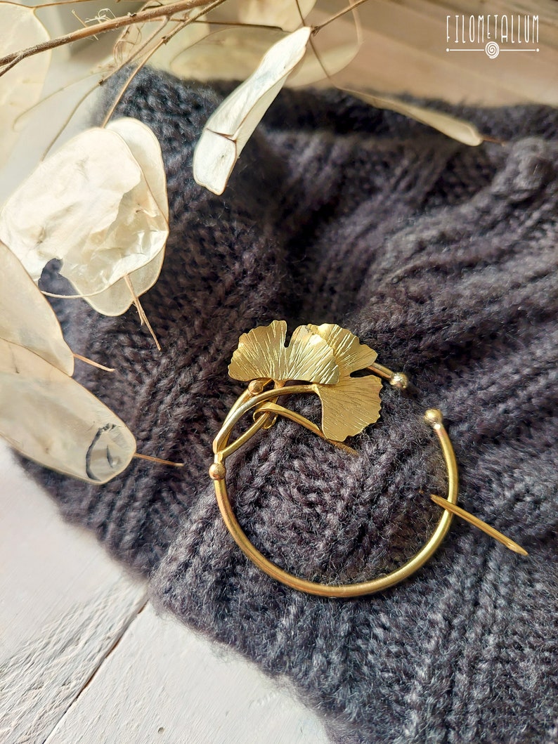 handmade brass sweater or scarf pin with ginkgo biloba leaves image 4