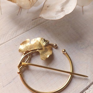 handmade brass sweater or scarf pin with ginkgo biloba leaves image 7