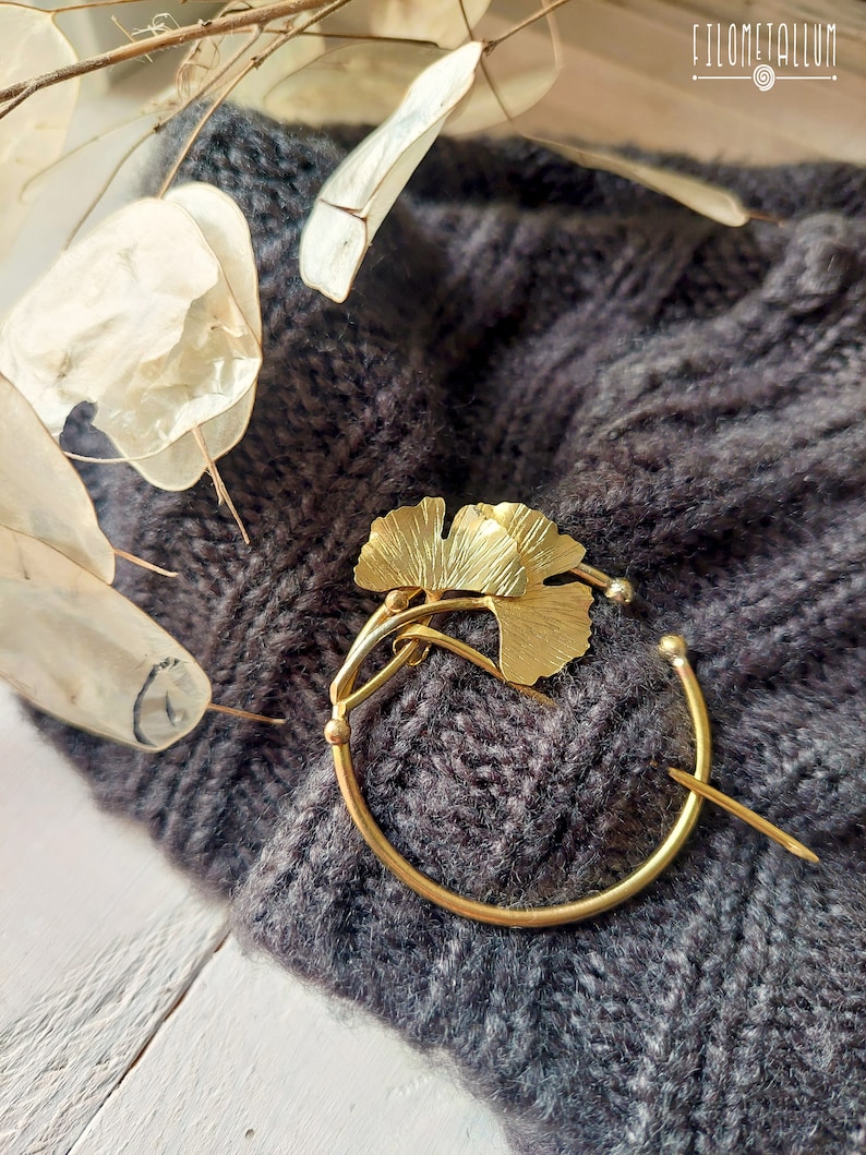 handmade brass sweater or scarf pin with ginkgo biloba leaves image 9