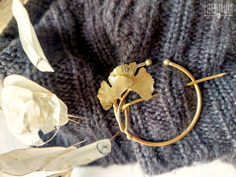 handmade brass sweater or scarf pin with ginkgo biloba leaves image 5