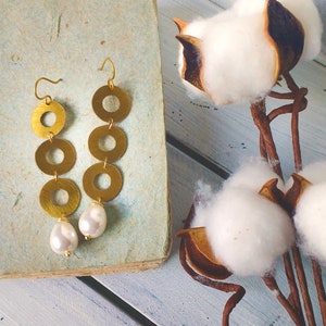 geometric pendant earrings, with three brass and pearl hoops, handmade