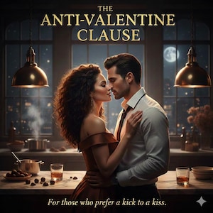 Puede incluir: Imagen romántica con el texto "THE ANTI-VALENTINE CLAUSE" y "For those who prefer a kick to a kiss." Una pareja se abraza en un ambiente de cocina. La mujer lleva un vestido color cobre, y el hombre lleva una camisa blanca y corbata.