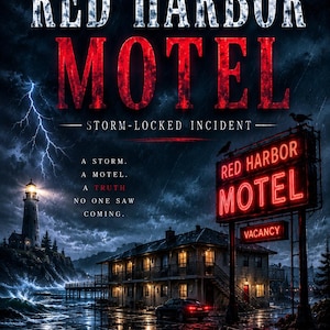 May include: A book cover titled Red Harbor Motel: Storm-Locked Incident, featuring a dark, stormy coastal scene with a lighthouse, a two-story motel, a neon sign reading Red Harbor Motel Vacancy, and a case file folder labeled Case File: RM-06.