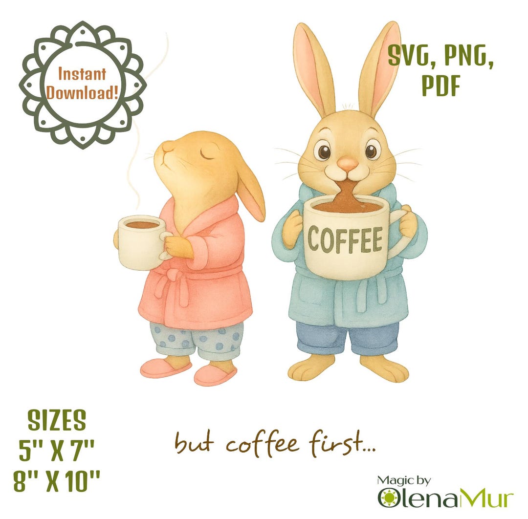 Funny Coffee Rabbits Print, Cute Bunny Wall Art, Morning Coffee ...