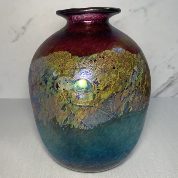 Vintage Bruce Freund Art Glass Multicolor Confetti Iridescent 7.5" Collared Vase