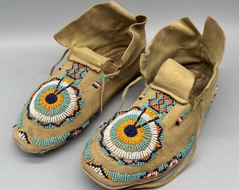 Antique Cheyenne Native American Beaded Shield Deerskin Embroidered Moccasins