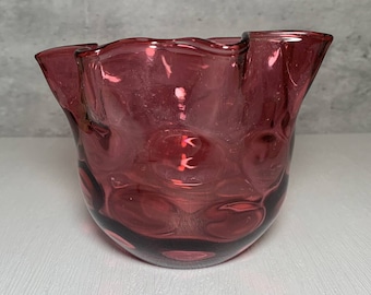 Antique Fenton Art Glass Cranberry Optic Thumbprint Crimped Edge Bowl 5.5"