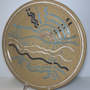 Studio Art Pottery Wheel Thrown Abstract Waves Carved 13.5&quot; Platter Signed
