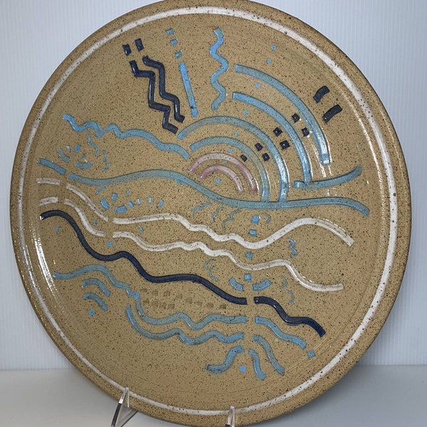 Studio Art Pottery Wheel Thrown Abstract Waves Carved 13.5" Platter Signed
