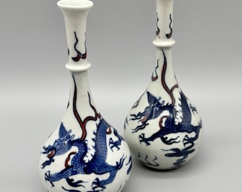 Pair of Chinese Porcelain Blue & Red Dragon Bottle Gourd Vases 6.25" Kangxi
