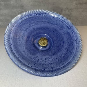Art Pottery Blue Drip Glaze Wheel Thrown Ikebana Bowl 6.25&quot; Textured Edge