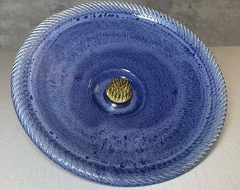 Art Pottery Blue Drip Glaze Wheel Thrown Ikebana Bowl 6.25" Textured Edge