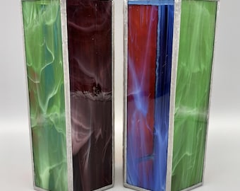 Pair of Rainbow Stained Glass Hexagonal 8.25" Candle Votive Lanterns Harrisburg