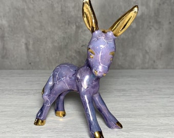 Vintage Ceramic Purple Lustre Gilded Mid Century Baby Donkey Figurine 5"