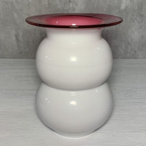 Vintage Czech Bohemian Art Glass White Double Gourd Vase Cranberry Rim 5.5&quot;