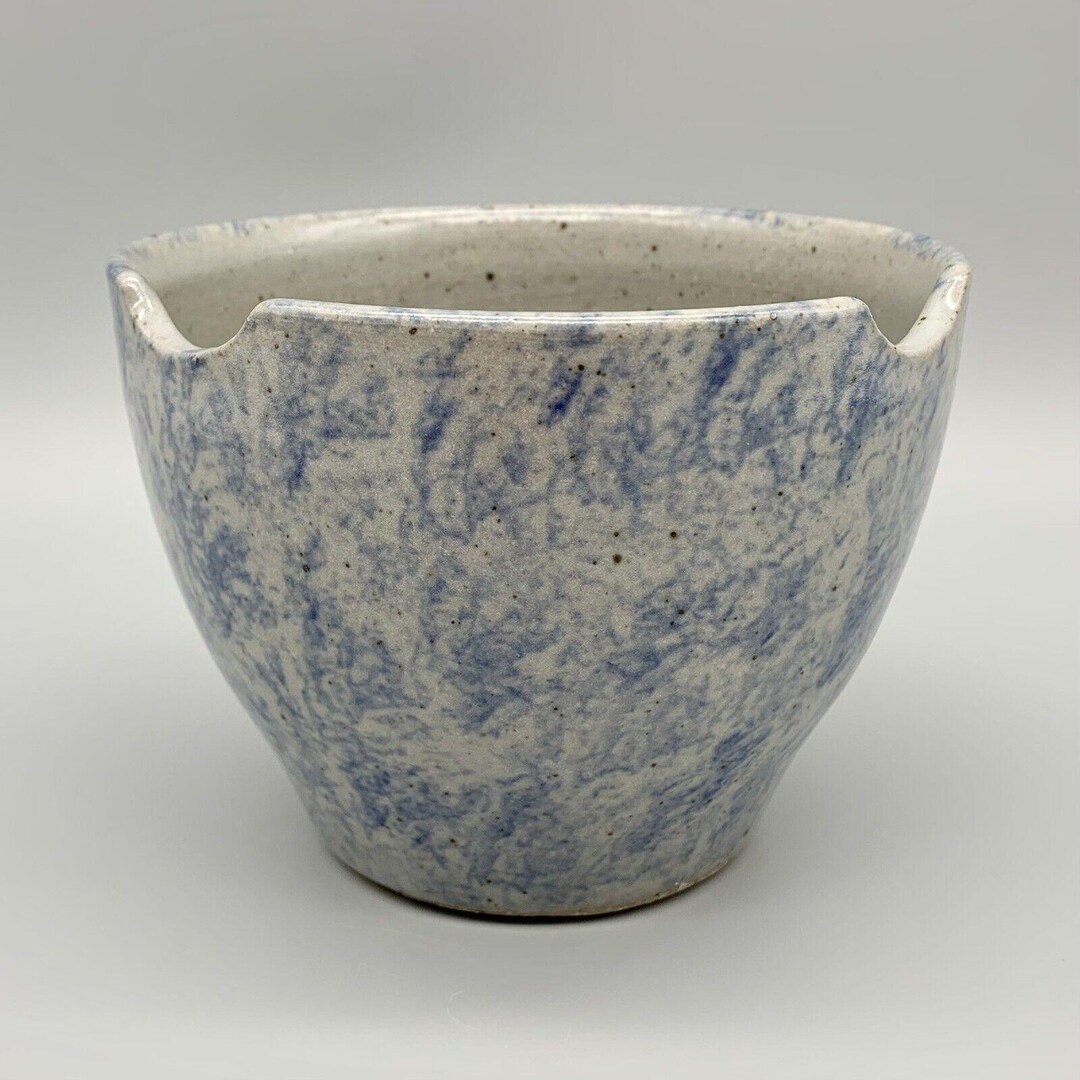 S Keaton Art Pottery Wheel Thrown Blue Spongeware Slotted Ramen Bowl 5. ...