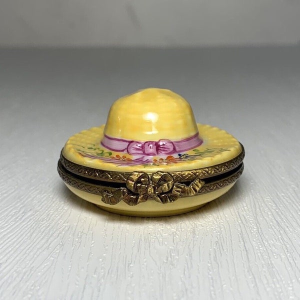 Limoges France Signed Peint Main Yellow Sunhat Bonnet Trinket Box 2" Bow Clasp