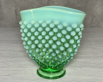 Fenton Glass Lime Green Uranium Opalescent English Hobnail Fan Vase 3.75"