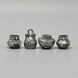 Set of 4 Cast Pewter Etched Native American Micro Mini Pots Wedding Vase 1/2"