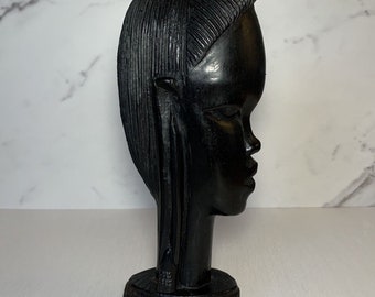 Vintage Hand Carved Ebony/Ironwood Kenyan Maasai Woman w/ Earrings Bust 9.25"