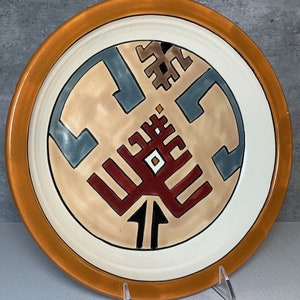 Vintage Art Pottery Southwestern Style Wall Hanging Pie Plate 11&quot; Signed