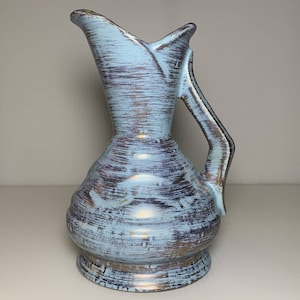 Vintage Mid Century Modern Art Pottery Blue Brushed Gold Handled Pitcher 6.5"