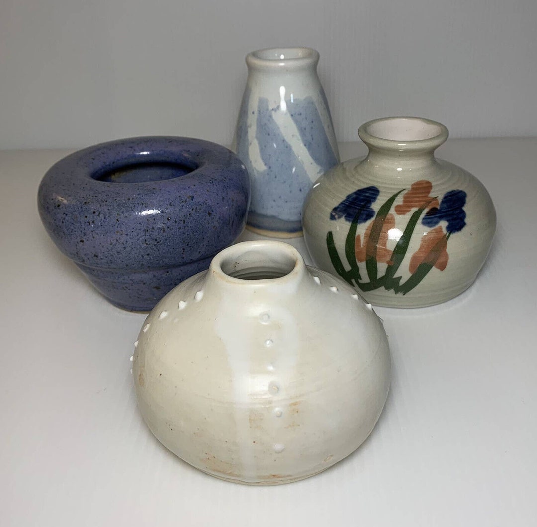 Set of 4 Studio Art Pottery Wheel Thrown Multicolor Glaze Bud Vases ...