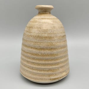 May include: A ceramic vase with a rounded, tapered body and a narrow neck. The surface features a textured, ribbed pattern with a speckled beige and tan glaze. The base is wide and circular, gradually narrowing toward the top opening.