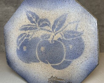 Vintage Studio Art Pottery Speckled Stoneware Cobalt Apple Motif Wall Tile 6.5"