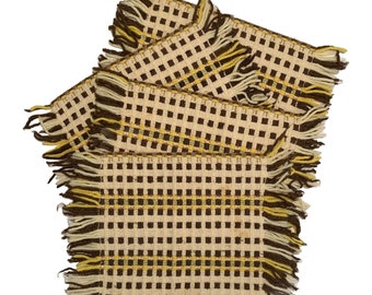 Set of 4 Vintage 70s Brown Yellow Woven Checkered Fringe Placemats 13.5 x 12.5&quot;
