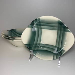 Set of 4 Rare Steubenville Horizon Green Plaid Ceramic Lugged Soup Bowls 7&quot;