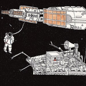 Könnte beinhalten: Illustration einer Weltraumszene mit einem Raumschiff, einem Astronauten und einem Rover. Der Astronaut ist mit dem Raumschiff durch ein Seil verbunden. Der Rover hat eine Person im Inneren. Der Hintergrund ist schwarz mit weißen Punkten.