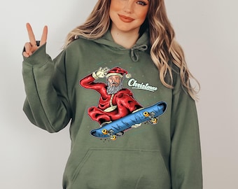 Christmas Santa Hoodie – Funny Skateboarding Santa Sweatshirt, Cool Holiday Gift Hoodie