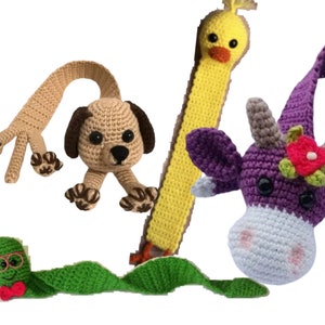 4  Different Bookmarks, Cow, Dog, Duck, Bookworm, Bookmark Crochet Pattern - Amigurumi