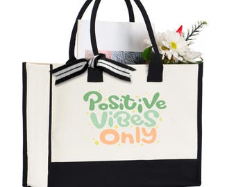Positive Vibes Only Tote Bag, Cute Aesthetic Inspiring Canvas Bag, Retro Positive Quote Shopper Bag