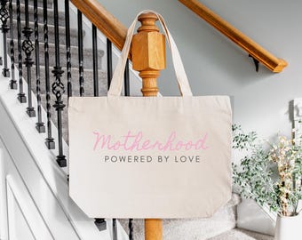 Motherhood Powered by Love Tote Bag, Minimalist Mom Canvas Bag, Mother’s Day Gift Idea, Simple Elegant Mom Tote, Gift for New Mom