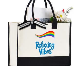 Relaxing Vibes Tote Bag, Retro Rainbow Canvas Bag, Aesthetic Positive Vibes Shopper, Inspirational Quote Tote