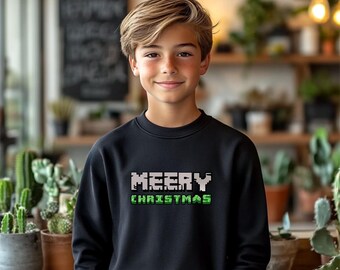 Pixel Merry Christmas Youth Sweatshirt, Gamer Style Holiday Sweater for Boys, Funny Gamer Shirt, Gaming Lover Gifts, Funny Sweatshirt