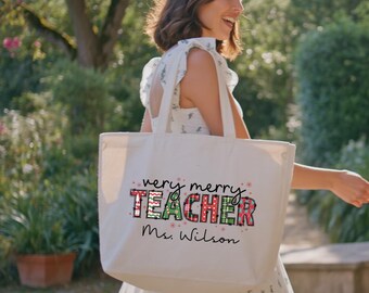 Custom Christmas Teacher Tote Bag, Personalized Christmas Teacher Bag, Xmas Teacher Bag, Christmas Gift, Teacher Christmas Gift, Teacher Bag