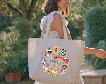 Disney Christmas Tote Bag, Disney Snacks Christmas Tote Bag, Disneyland Xmas Trip Bag, Eat Drink And Be Merry Xmas Bag, Christmas Gift