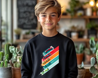 Kids Retro Racing Sweatshirt, Vintage Car Graphic, Color Stripe Motorsport Design, Racing Gift