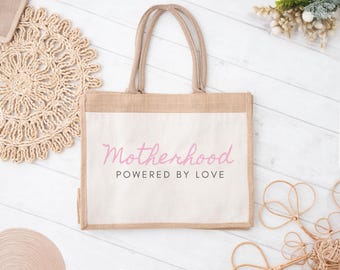 Motherhood Powered by Love Jute Tote Bag, Natural Canvas Mom Bag, Eco-Friendly Mother's Day Gift, Rustic Chic Gift for Her