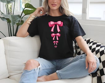 Pink Bow T-Shirt, Cute Kawaii Ribbon Graphic Tee, Soft Girl Aesthetic Bow Shirt, Girly Pastel Bow Top
