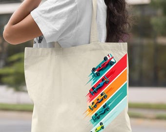 Retro Racing Tote Bag, Vintage Car Motorsport Design, Color Stripe Canvas Bag