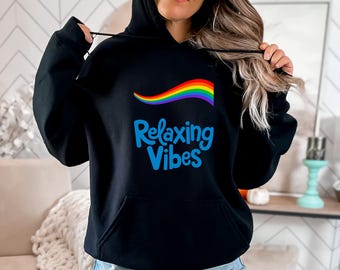 Relaxing Vibes Hoodie, Retro Rainbow Aesthetic Hoodie, Positive Vibes Cozy Pullover, Inspirational Feel Good Hoodie