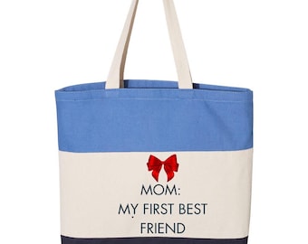 My First Best Friend Mom Tote – Mother’s Day Canvas Bag – Gray Neutral Colorblock Gift Bag – Red Bow Mom Tote